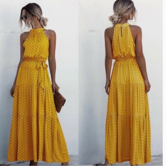 Boho polka dot belted layer ruffle halter dress - Picture 2 of 4